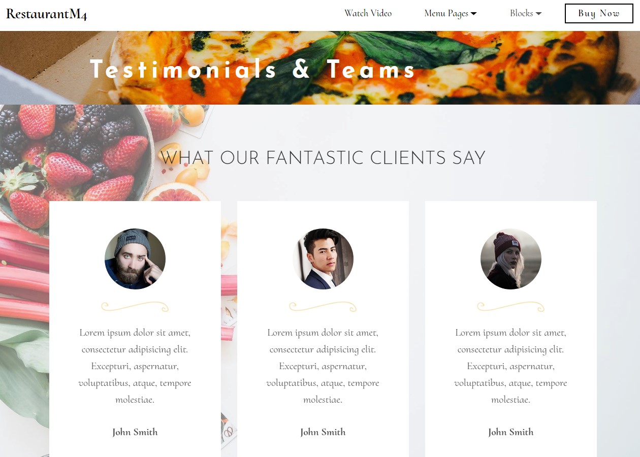 Restaurant Testimonials & Teams Template